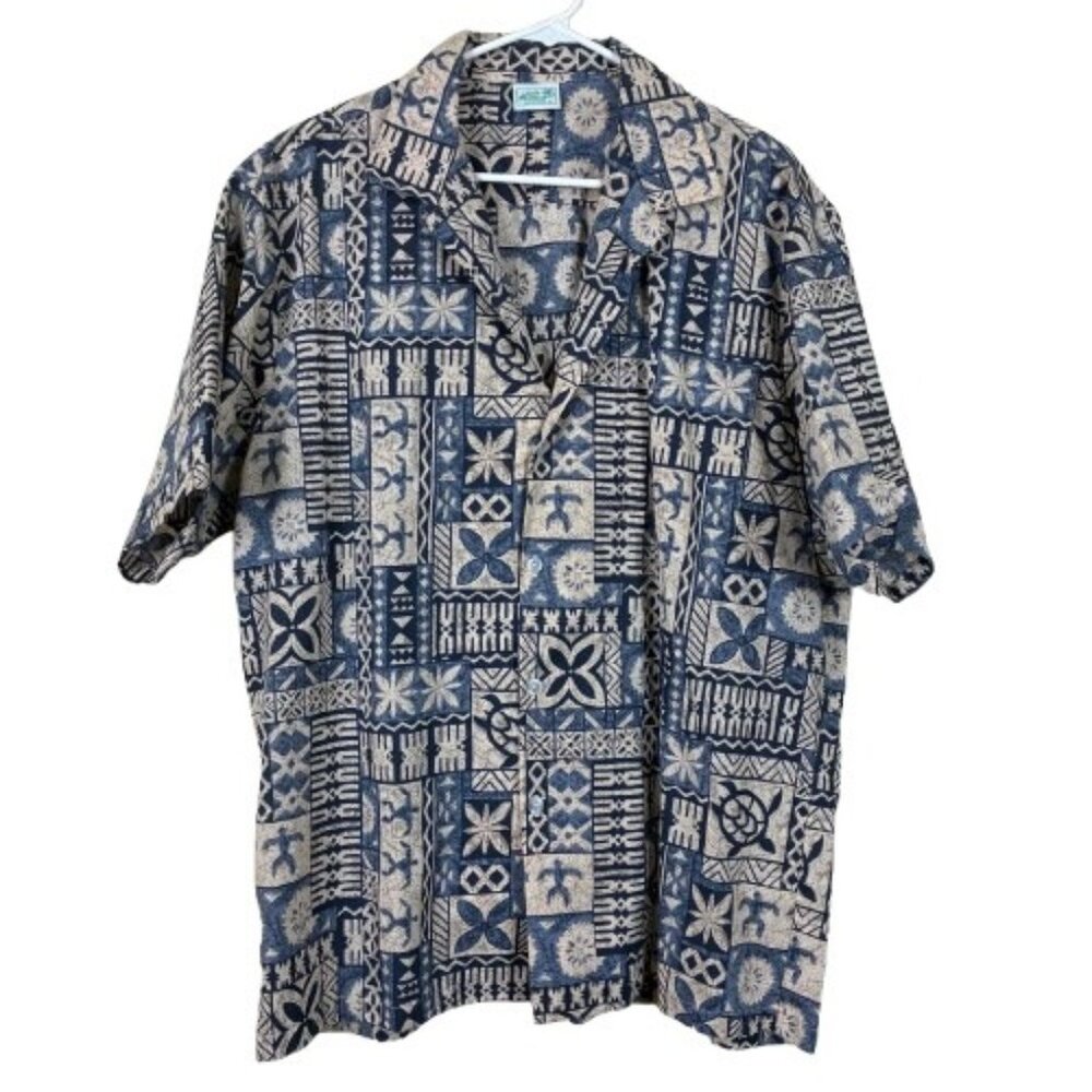 VTG Y2K Jade Fashions Made in Hawaii Aloha Shirt XL Blue Tribal Turtle Print